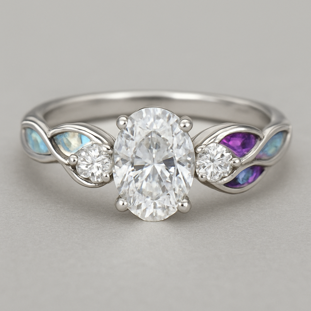 A silver engagement ring that has an oval lab diamond in the center and one on each side of the center one with a leaf design for the band. The leaves should have a combo of opal and amethyst stones in them.  The band should be a twist design 