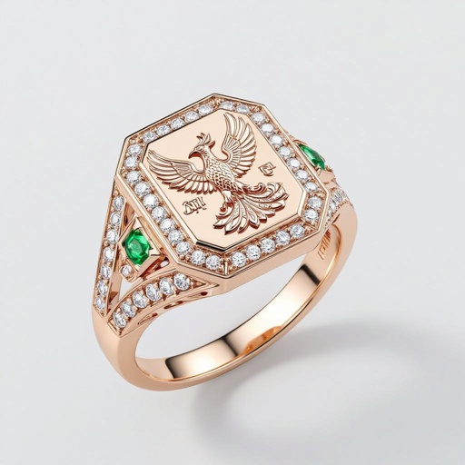 Geomatric rose gold and A platinum signet ring with phoenix printed on it for women Design a luxurious platinum signet ring that embodies the elegance of Art Deco style, featuring a striking phoenix rendered in intricate geometric patterns. Emphasize bold lines and symmetry, with contrasting finishes for depth. Adorn the ring with brilliant-cut diamonds and emeralds, capturing the spirit of rebirth and timeless sophistication. Rose gold geometric ring. Platinum signet ring with a phoenix. Platinum Art Deco signet ring with a phoenix, brilliant-cut diamonds, and emeralds.