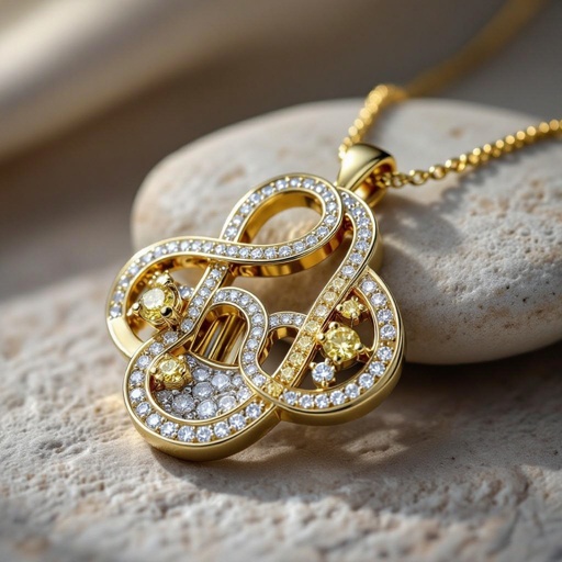 Curvy and abstract edges of architecture necklace of white diamonds and yellow diamonds