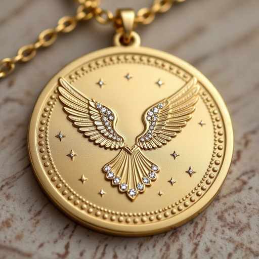 Золотой матовый медальон в форме круга с неровными краями. По краям выпуклые точки сплошной линией. На круге выгравирован ангел без фигуры, видно только крылья и украшен миниатюрными камнями