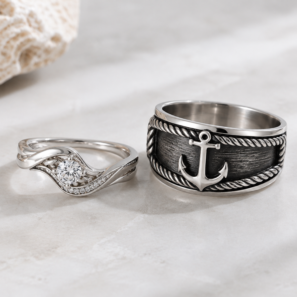 A women's ring made of silver. nautical them men's ring
photorealistic jewelry design, A women's ring made of silver. nautical them men's ring, modern style, just the design no text