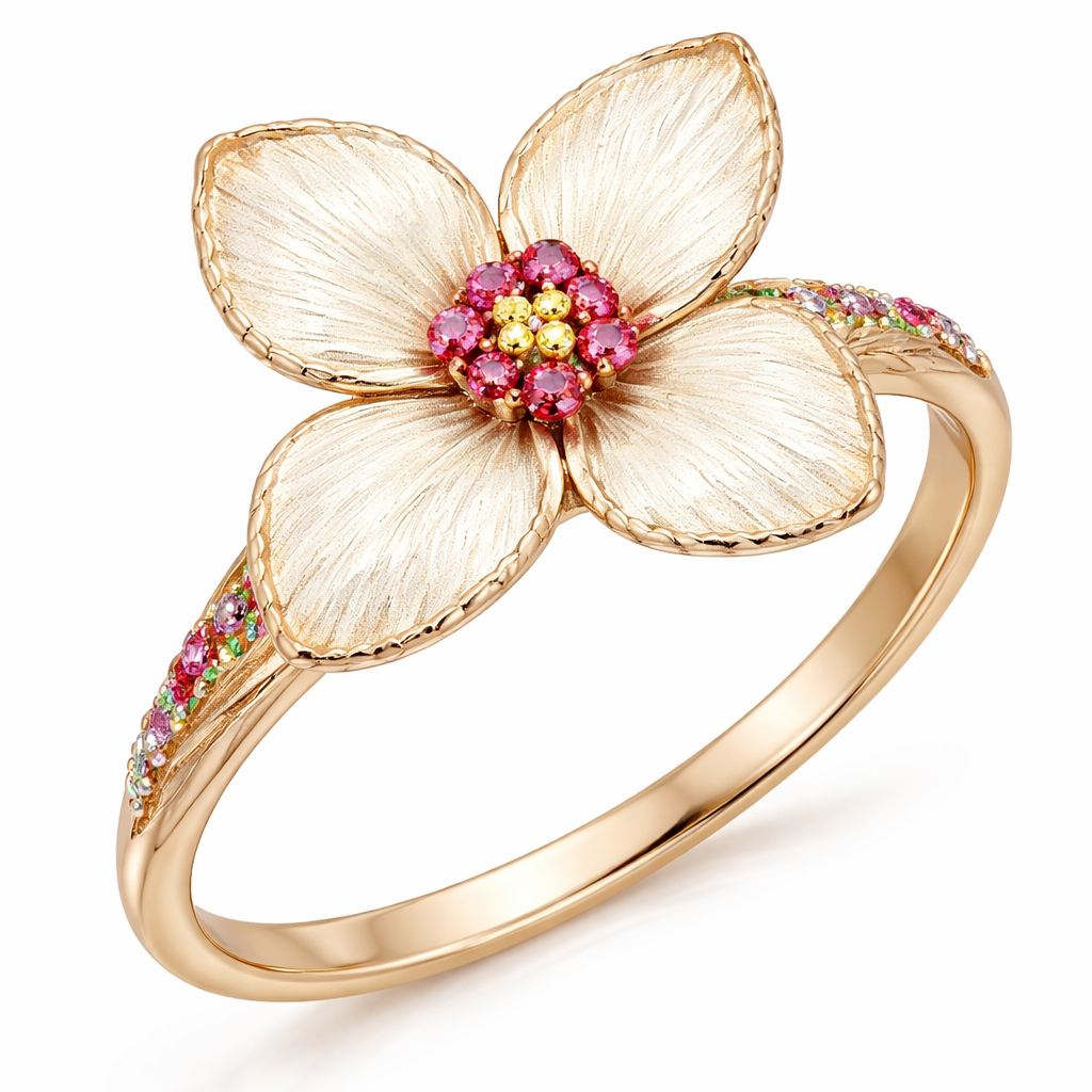 Create a ring design that is inspired from the cuckoo flower and the Sweet Broad-leaved Willow Herb flower. With the petals being in a pear-marquise shape that is off-white. With 4 textured petals across of each other but closer from the sides. And have a reddish magenta colored very small few diamonds in the middle of it with a very small couple of light yellow diamonds also in the middle and also the same reddish magenta small diamonds in the sides of the band from the front with a small touch of green diamonds in the front band also. The band is not thick. The petals is extra big and slightly oval in the end with a textured sides, without any frames, the petal color is like a yellowish off-white, and the magenta diamonds are more red. the band is soft and elegant and the color of it is a soft light gold. The diamonds on the bands are very very small and they kind of stacked together in the sides then fade into this leaf graving in it.