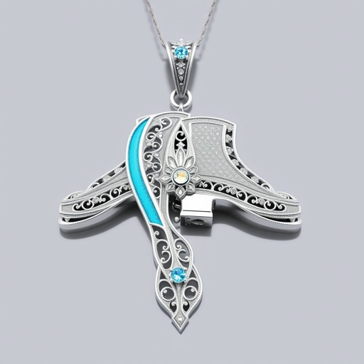 Silver pendant in the shape of ice skating blades with a turquoise stripe within the blade