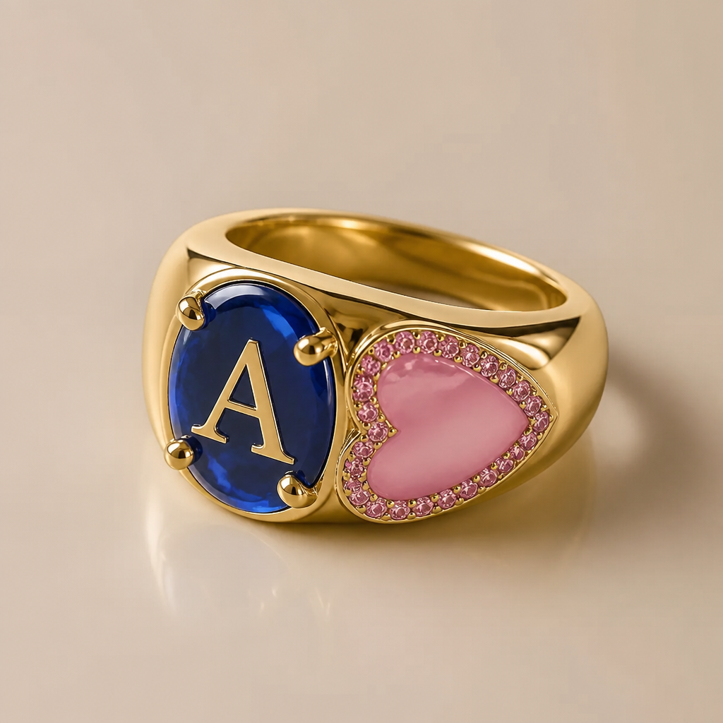 A modern women's ring made of gold suitable for birthday. um anel mais grosso com pedra azul com a inicial e na cor rosa com pedrinhas com frase dentro
photorealistic jewelry design, A modern women's ring made of gold suitable for birthday. um anel mais grosso com pedra azul com a inicial e na cor rosa com pedrinhas com frase dentro, modern style, just the design no text