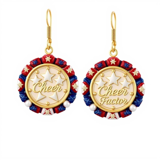 Red white and blue medal earrings that says cheer factor
