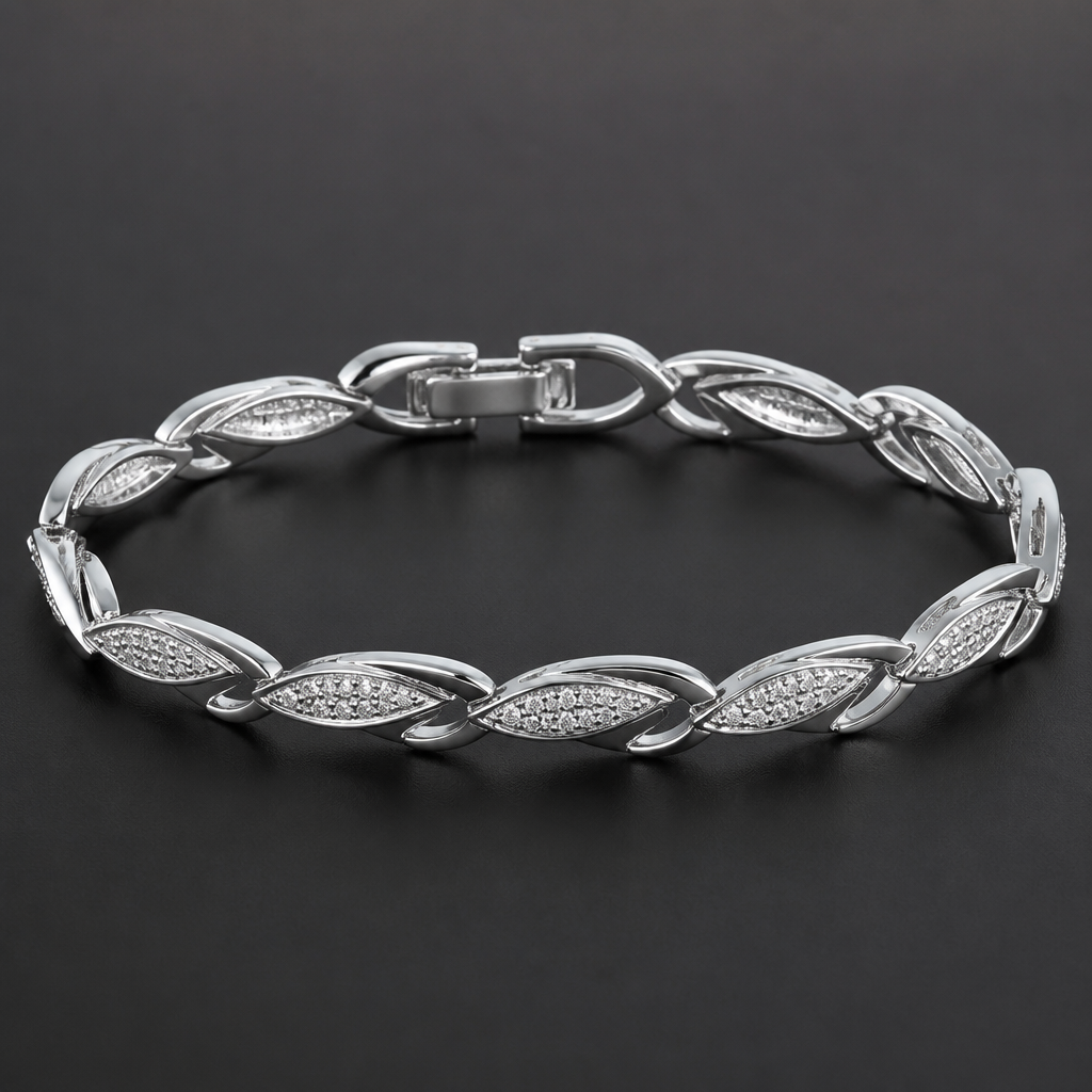 A women's bracelet made of silver with diamond stones
photorealistic jewelry design, A women's bracelet made of silver with diamond stones, modern style, just the design no text
