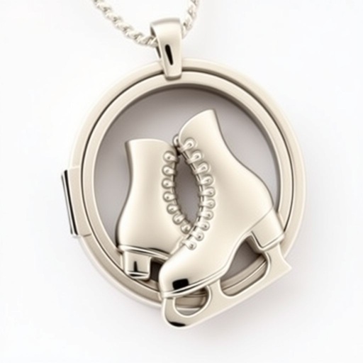 Silver pendant in the shape of ice skating blades with a turquoise stripe within the blade
