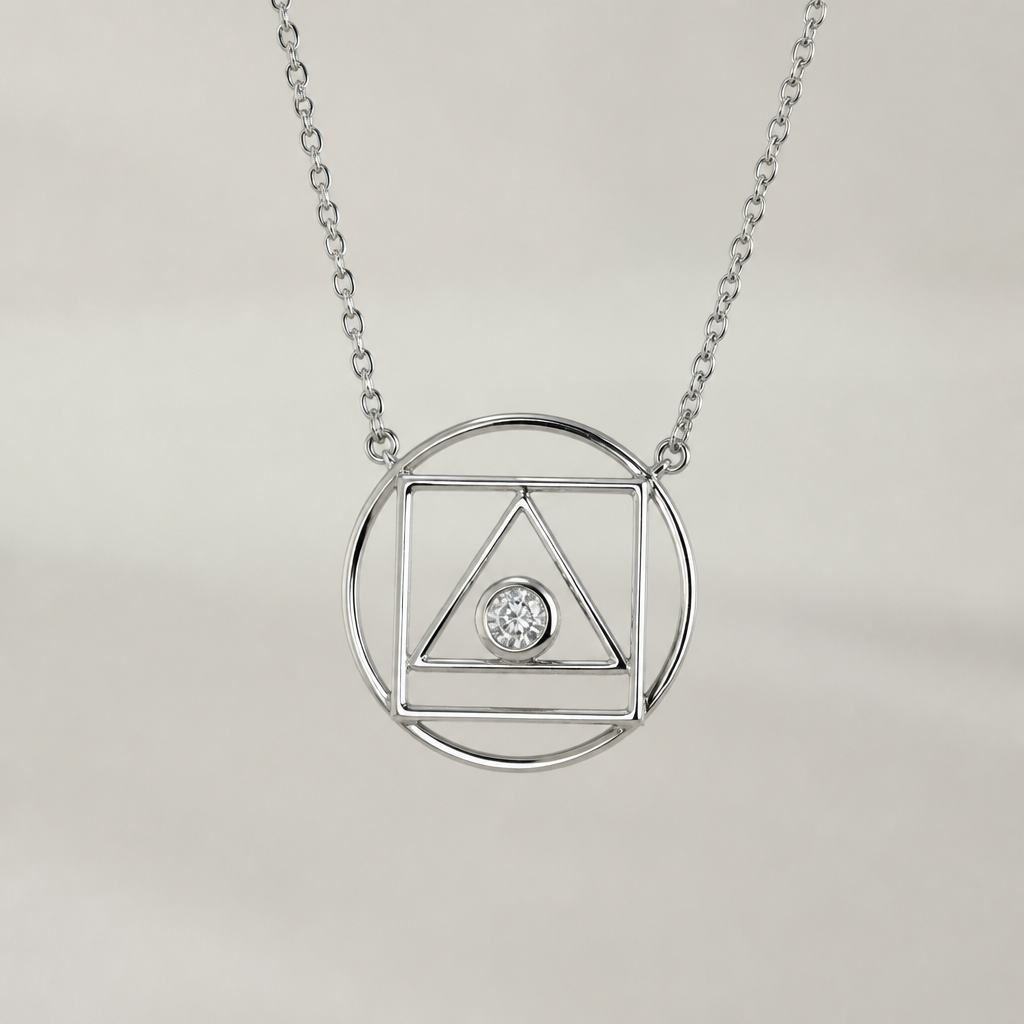 A minimalist women's necklace made of silver with diamond stones. Collier minimaliste simple avec 1 diamant, utilisé plusieurs formes géométriques un rond, un carré et un triangle superposé à l'intérieur l'un de l'autre, pour un côté moderne, en restant delicat et avec des détails léger
photorealistic jewelry design, A minimalist women's necklace made of silver with diamond stones. Collier minimaliste simple avec 1 diamant, utilisé plusieurs formes géométriques un rond, un carré et un triangle superposé à l'intérieur l'un de l'autre, pour un côté moderne, en restant delicat et avec des détails léger, minimalist style, just the design no text
