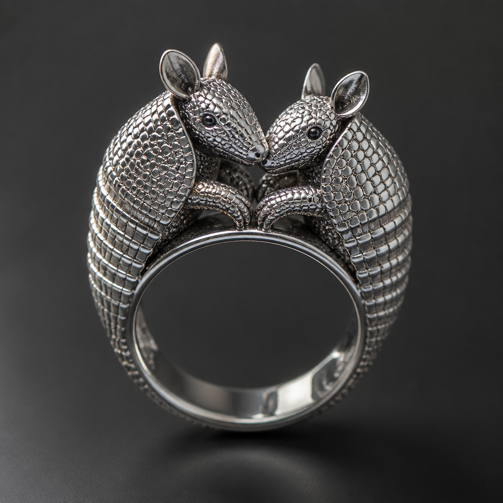 2 Armadillo 1 ring
photorealistic jewelry design, 2 Armadillo 1 ring , just the design no text