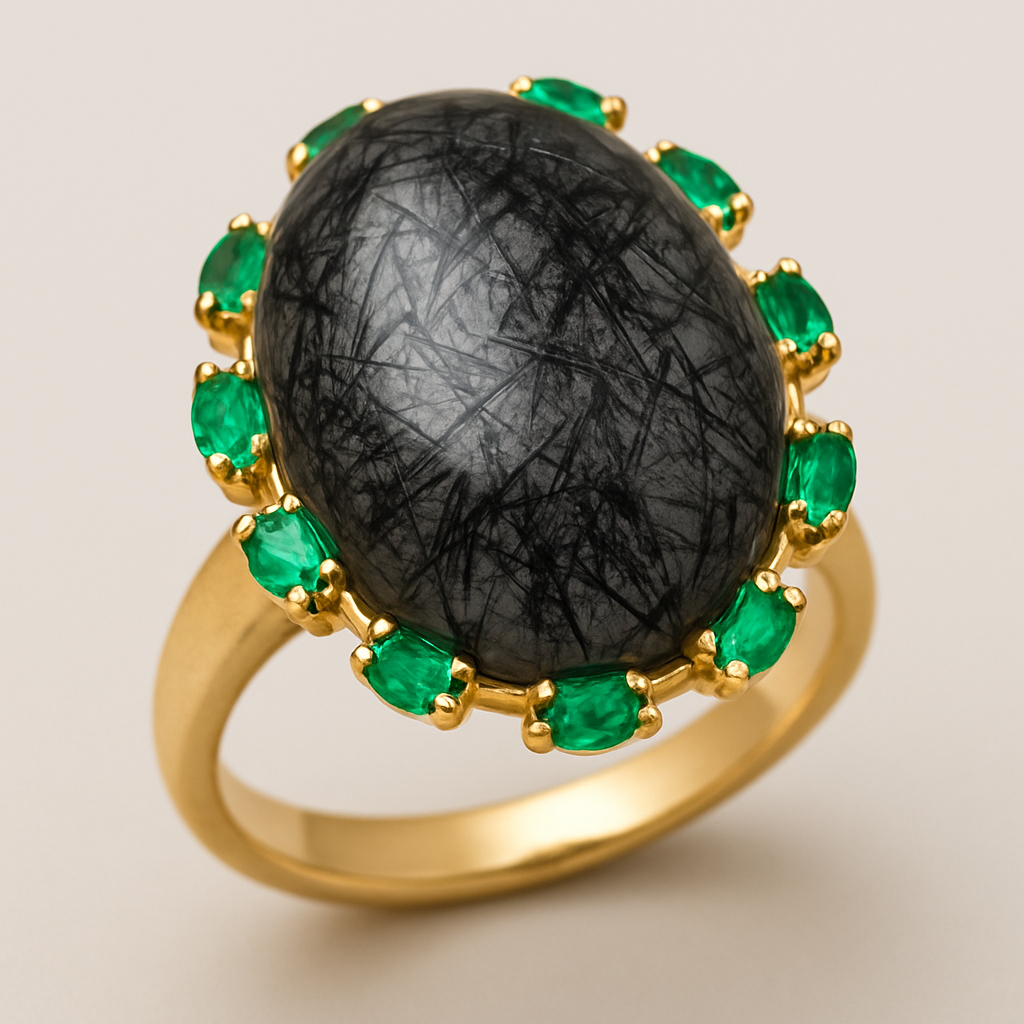 Black rutilated quartz with emerald accent stones 