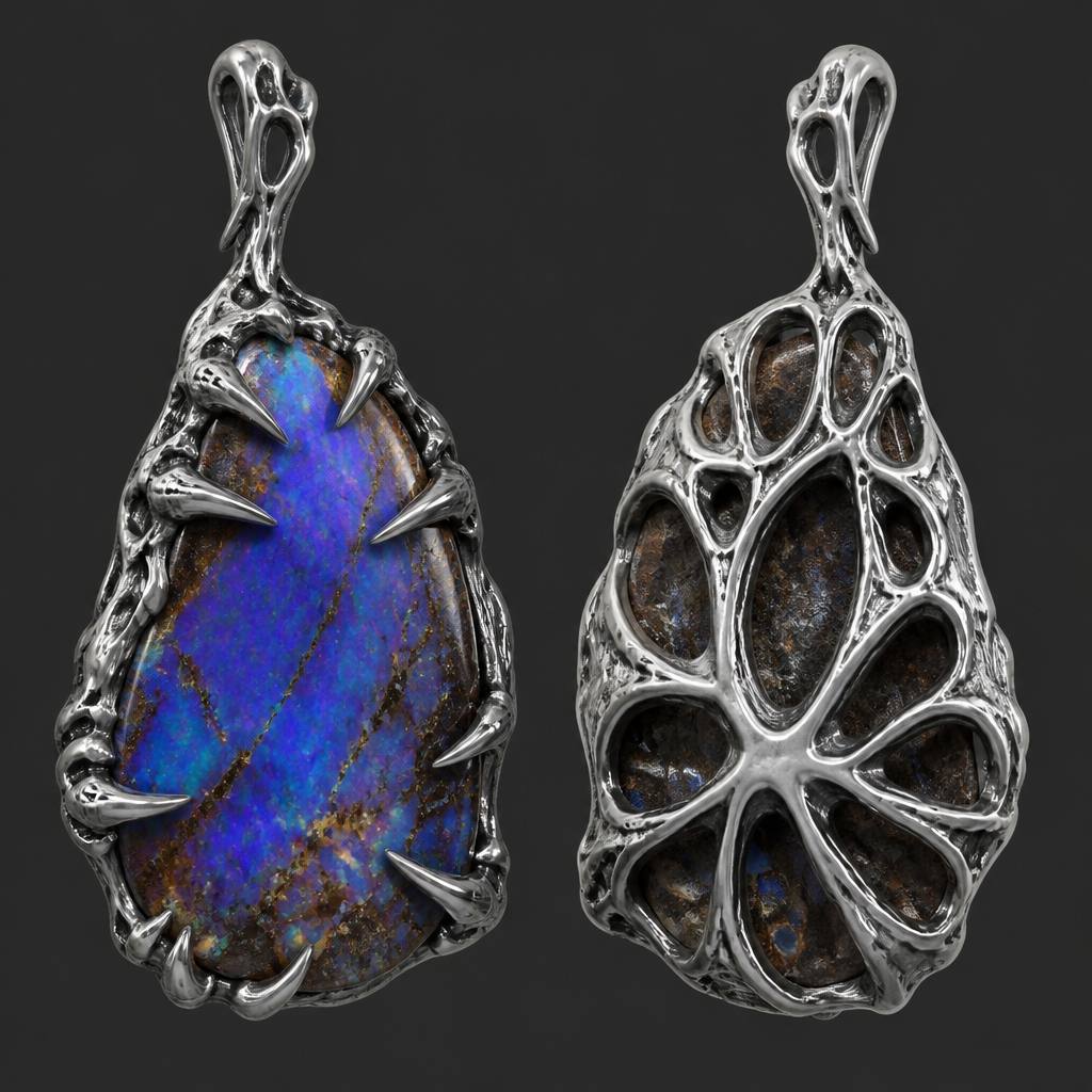 I need a mounting/setting for a large boulder opal pendant. I’d like it to be done in sterling silver really organic/horror vibe/feel to the setting for it. I’d like to be kind of skeletonized on the back with just claws coming around and gripping the stone in the front, but I need to be really detailed really unique should be going into a resin printer for lost wax, casting or backing casting for a piece of jewelry.
photorealistic jewelry design, I need a mounting/setting for a large boulder opal pendant. I’d like it to be done in sterling silver really organic/horror vibe/feel to the setting for it. I’d like to be kind of skeletonized on the back with just claws coming around and gripping the stone in the front, but I need to be really detailed really unique should be going into a resin printer for lost wax, casting or backing casting for a piece of jewelry.
, bohemian style, just the design no text