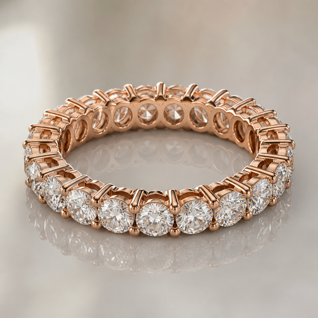 Rose gold double eternity ring that says GETITBACK10FOLD ENGRAVED