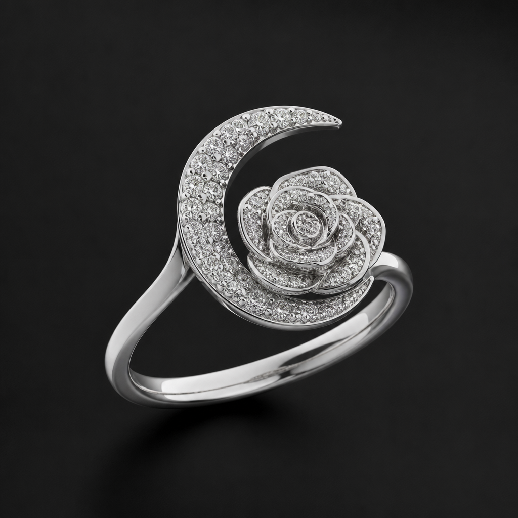 A modern women's ring made of silver with diamond stones. quero um anel que fale do amor entre as duas pessoas. quero um desenho de uma rosa de diamante mas como a Lua
photorealistic jewelry design, A modern women's ring made of silver with diamond stones. quero um anel que fale do amor entre as duas pessoas. quero um desenho de uma rosa de diamante mas como a Lua, modern style, just the design no text