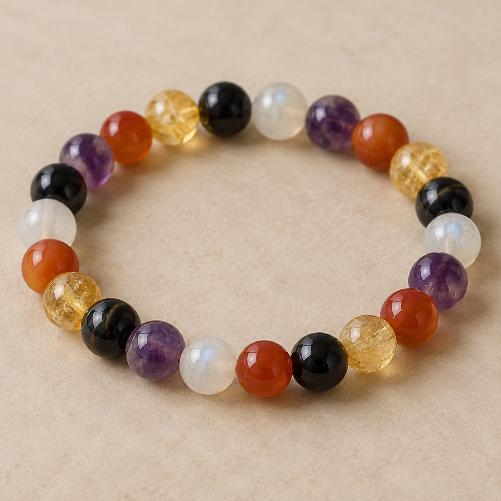 Crée une photo très réaliste d’un bracelet élastique composé de perles rondes de 8 à 10 mm. Utilise exactement cinq pierres naturelles : tourmaline noire, pierre de lune blanc nacré, améthyste violette, citrine jaune doré et cornaline orange. Répartis les cinq couleurs harmonieusement tout autour du bracelet. Les perles doivent être polies, bien distinctes et fidèles à l’apparence réelle de chaque pierre. Bracelet photographié en cercle sur un fond beige clair, lumière naturelle, rendu élégant et réaliste. Sans texte, sans bijoux supplémentaires.
photorealistic jewelry design, Crée une photo très réaliste d’un bracelet élastique composé de perles rondes de 8 à 10 mm. Utilise exactement cinq pierres naturelles : tourmaline noire, pierre de lune blanc nacré, améthyste violette, citrine jaune doré et cornaline orange. Répartis les cinq couleurs harmonieusement tout autour du bracelet. Les perles doivent être polies, bien distinctes et fidèles à l’apparence réelle de chaque pierre. Bracelet photographié en cercle sur un fond beige clair, lumière naturelle, rendu élégant et réaliste. Sans texte, sans bijoux supplémentaires., just the design no text