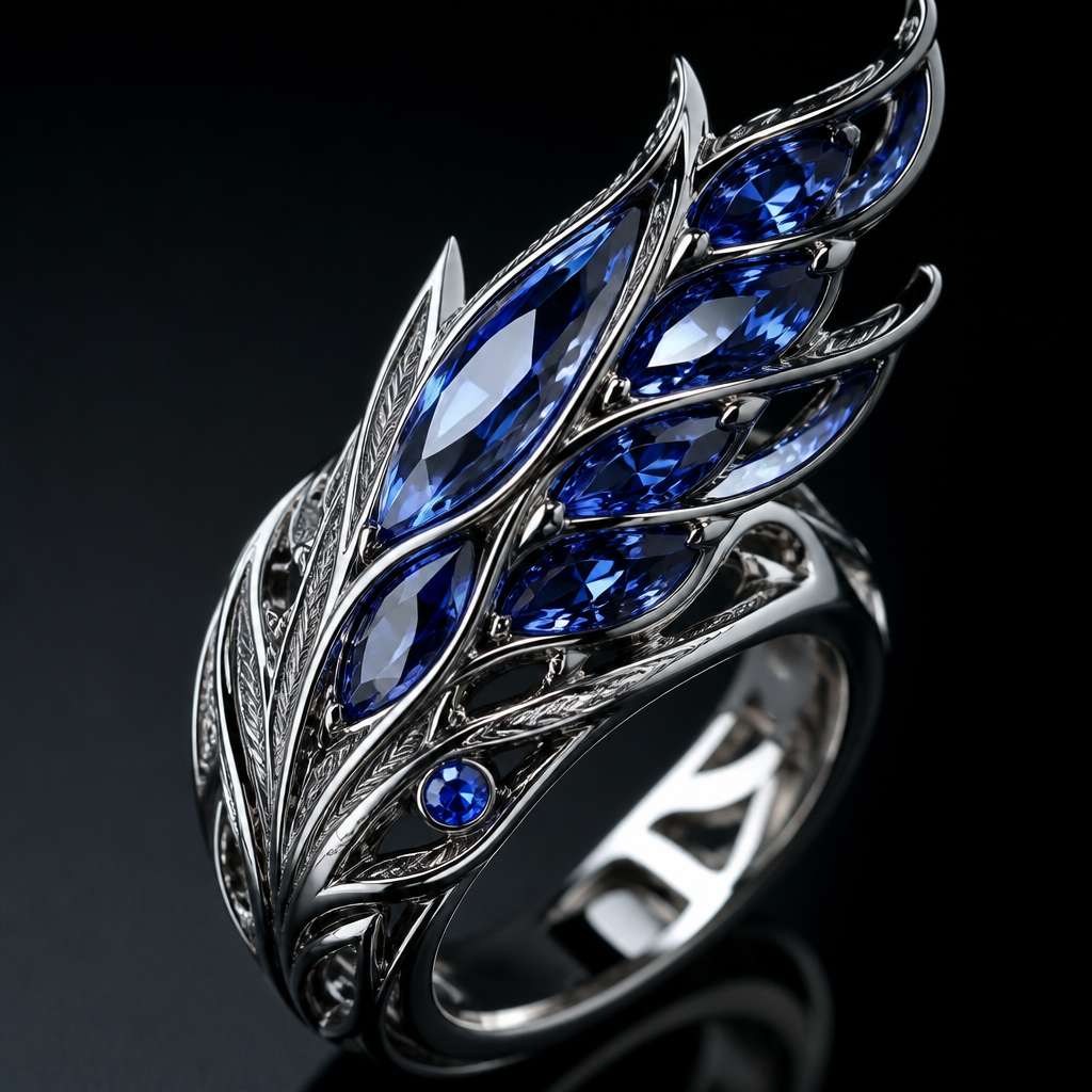 A women's ring with sapphire stones. 妖精の羽をモチーフとした重厚感のあるリング
宝石は羽の上部を構成
photorealistic jewelry design, A women's ring with sapphire stones. 妖精の羽をモチーフとした重厚感のあるリング
宝石は羽の上部を構成, modern style, just the design no text