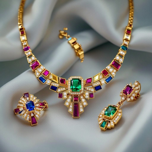 Necklace and ring and earring with luxury colorful jewel with gold