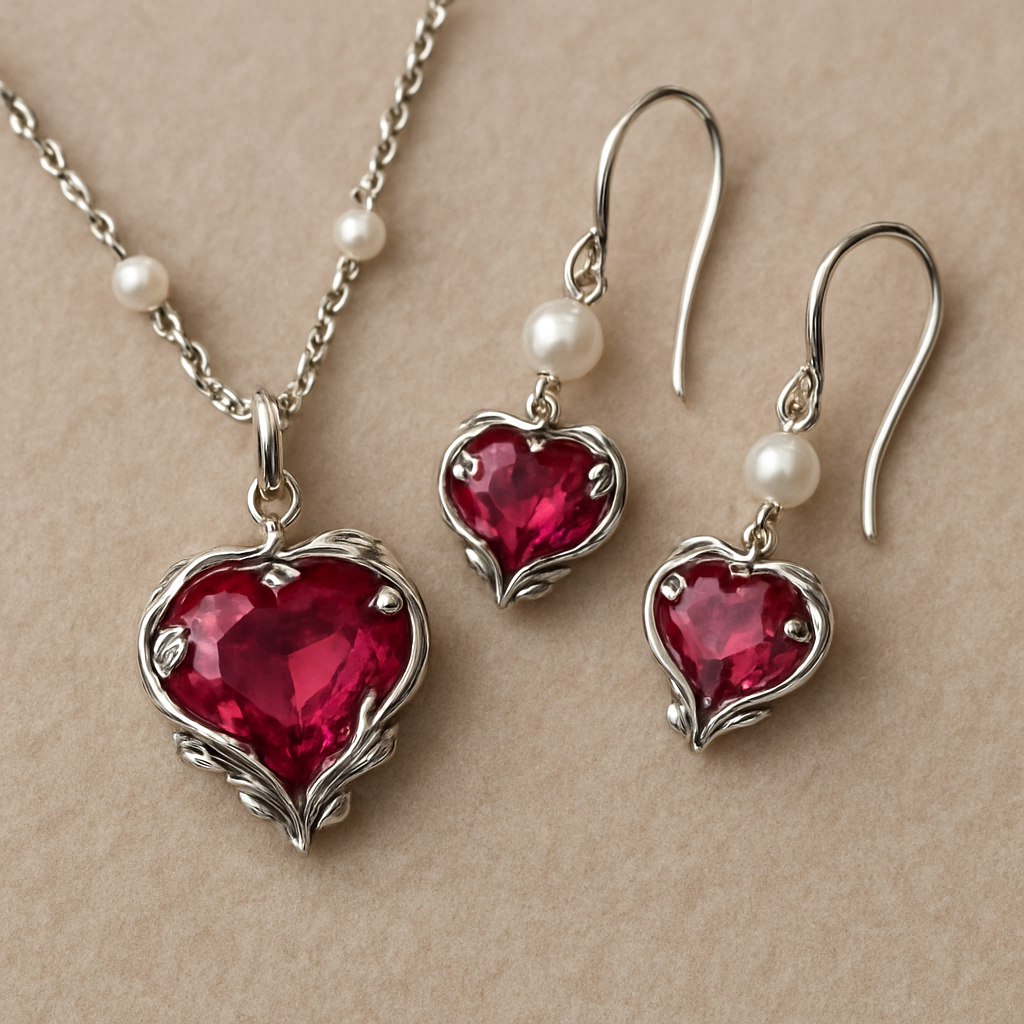 This elegant jewellery set features heart-shaped pink gemstones as the focal point, symbolizing romance and grace.
Delicate silver chains with small round white stones add sparkle and movement.
The matching necklace and earrings create a balanced, modern yet feminine look.
Perfect for romantic occasions, it embodies soft luxury and timeless charm.