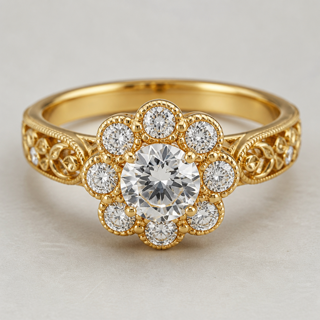 A vintage women's ring made of gold with diamond stones suitable for engagement. diamente principal de 1 quítate en forma redonda con 8 diamantes de 0.6 en forma de maqueta quilates en oro amarillo
photorealistic jewelry design, A vintage women's ring made of gold with diamond stones suitable for engagement. diamente principal de 1 quítate en forma redonda con 8 diamantes de 0.6 en forma de maqueta quilates en oro amarillo, vintage style, just the design no text