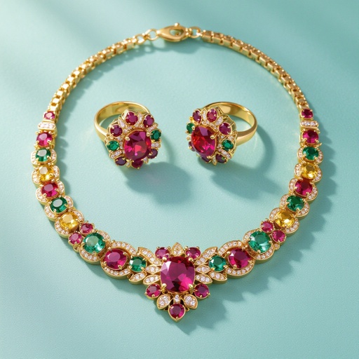 Necklace and ring and earring with luxury colorful jewel with gold