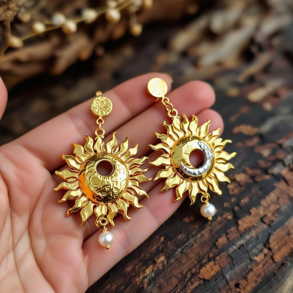 Золотые серьги словно мятое золото в форме горящего солнца с волнистыми лучами, в центре солнца круглая дыра. крепится к застежке серьги. К нижней части солнца крепятся подвески: миниатюрная серебристая луна, очень маленький жемчуг и маленький золотой кружочек с мятым эффектом плоский