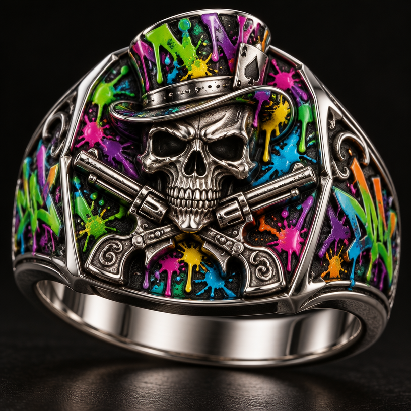 A medieval men's ring made of platinum suitable for formal. a skull with neon graffiti around the skull and pistols crossing
using the attached image as a visual reference, create A medieval men's ring made of platinum suitable for formal. a skull with neon graffiti around the skull and pistols crossing. photorealistic, just the design no text
