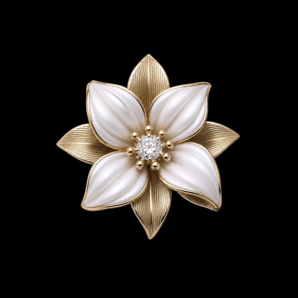 Can tot deaign a jasmin sambac fold base dlower with lines and diamond in thw midlle
photorealistic jewelry design, Can tot deaign a jasmin sambac fold base dlower with lines and diamond in thw midlle , vintage style, just the design no text