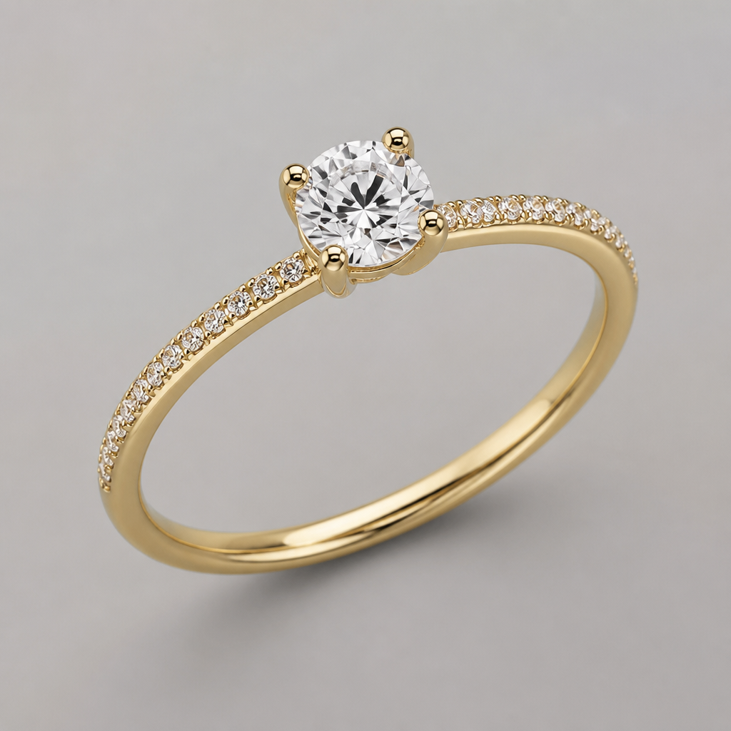A women's ring. anel solitário com pedras de 1mm no aro
photorealistic jewelry design, A women's ring. anel solitário com pedras de 1mm no aro, modern style, just the design no text