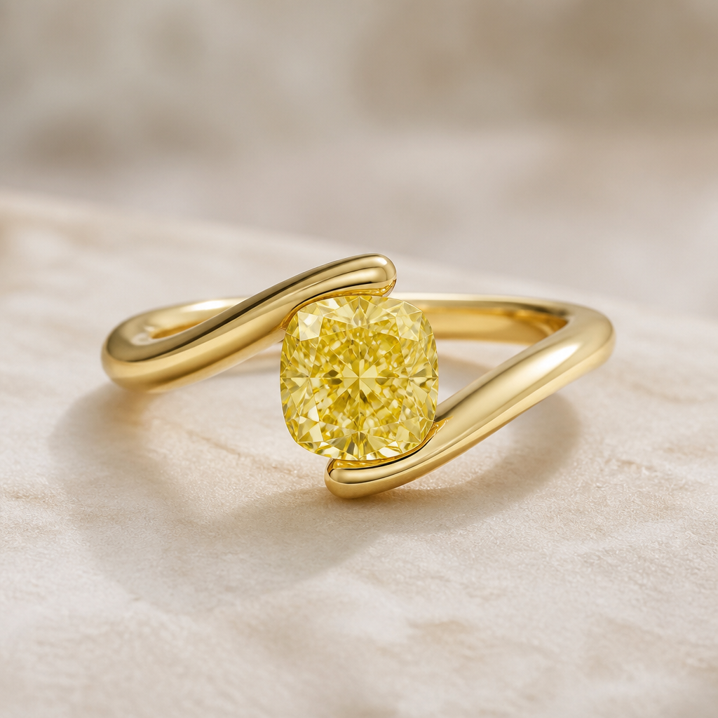 A 1.1 ct fancy vivid yellow diamond cushion cut VVS2 inside a yellow gold simple band bypass setting. The setting has curves not very straight
photorealistic jewelry design, A 1.1 ct fancy vivid yellow diamond cushion cut VVS2 inside a yellow gold simple band bypass setting. The setting has curves not very straight , contemporary style, just the design no text