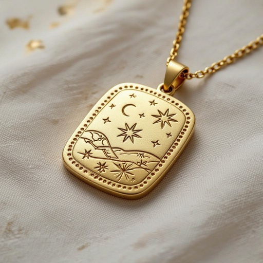 Золотой матовый медальон в форме неровного прямоугольника с округлыми краями. По краям выпуклые точки сплошной линией. На прямоугольнике разные мелкие узоры вырезаны. Символически изображена земля и звезды