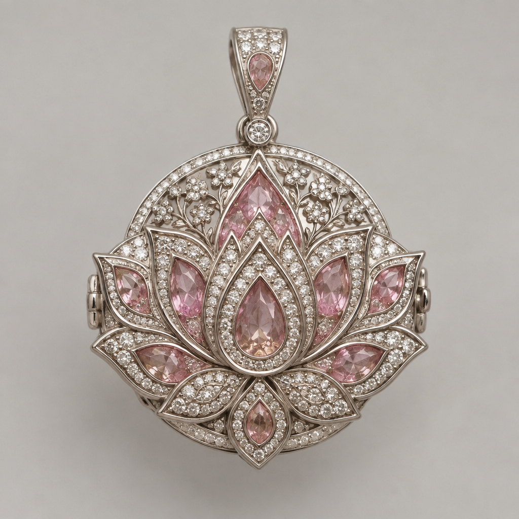 Lotus flower pendant 1 inch in silver diamond and light pink sapphire in the mogul style
photorealistic jewelry design, Lotus flower pendant 1 inch in silver diamond and light pink sapphire in the mogul style, locket style, just the design no text