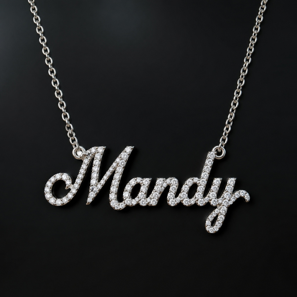 Diamond necklace with the name Mandy as pendant
photorealistic jewelry design, Diamond necklace with the name Mandy as pendant , just the design no text