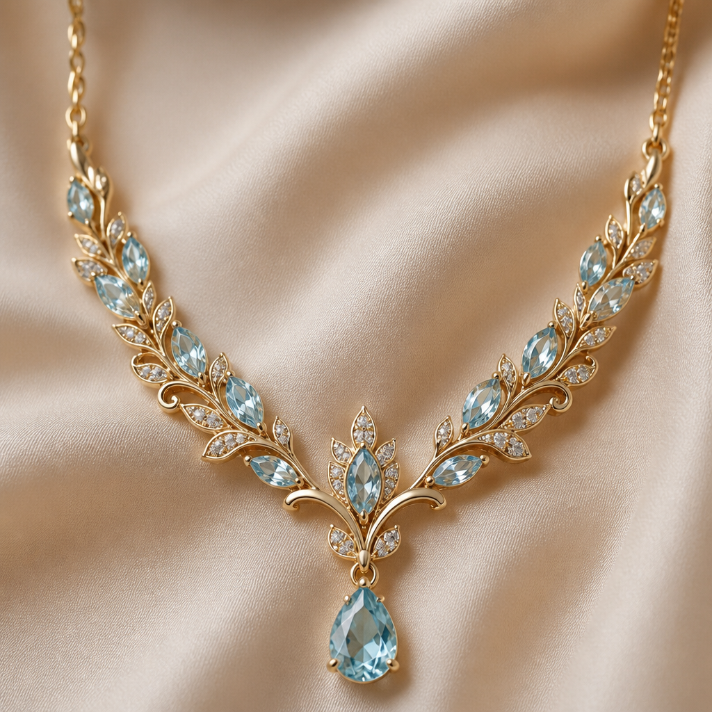 A luxury women's necklace made of gold with aquamarine stones suitable for wedding. I like to create a necklace from my old necklace
photorealistic jewelry design, A luxury women's necklace made of gold with aquamarine stones suitable for wedding. I like to create a necklace from my old necklace, luxury style, just the design no text