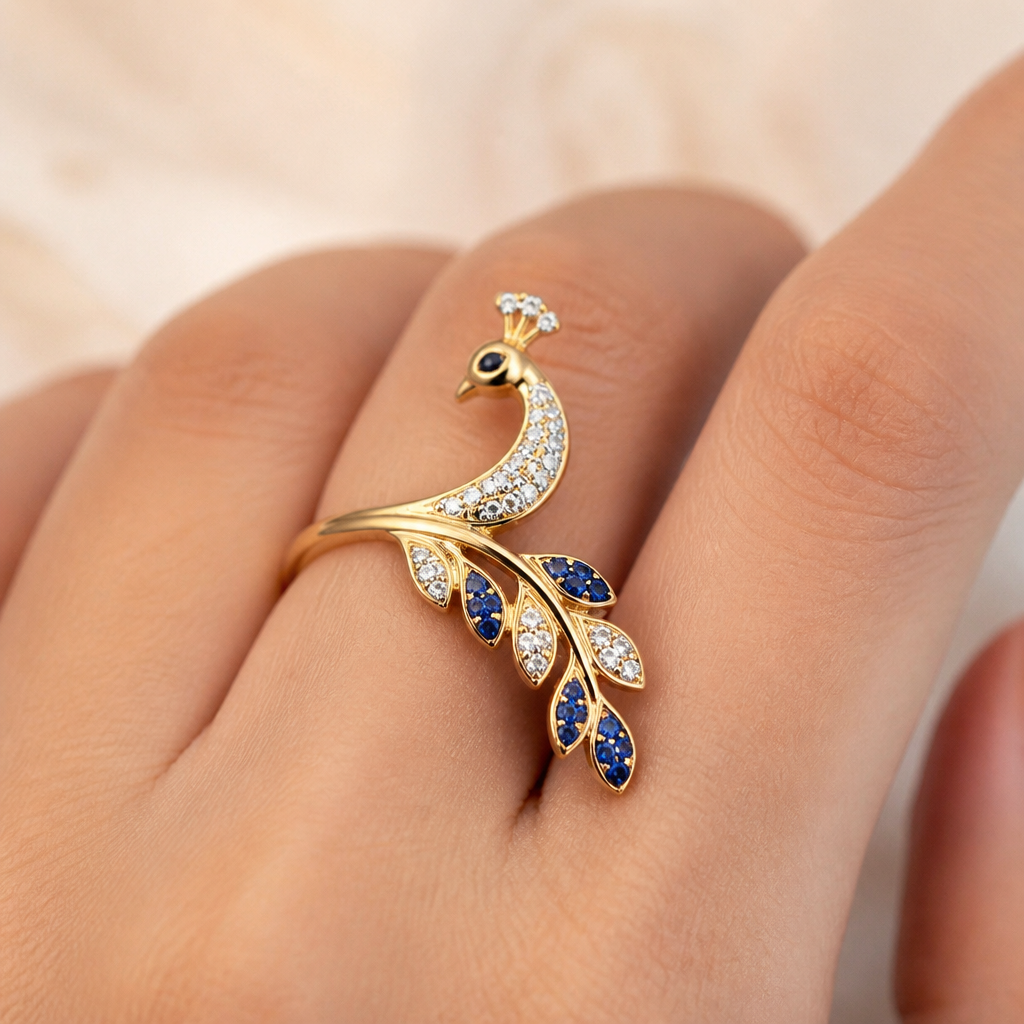 A minimalist women's ring made of gold with diamond stones suitable for gift. A peacock wrapping its feathers around the finger, with blue-colored diamonds.
Soft and feminine, as if it’s gently resting on the finger.
photorealistic jewelry design, A minimalist women's ring made of gold with diamond stones suitable for gift. A peacock wrapping its feathers around the finger, with blue-colored diamonds.
Soft and feminine, as if it’s gently resting on the finger., minimalist style, just the design no text