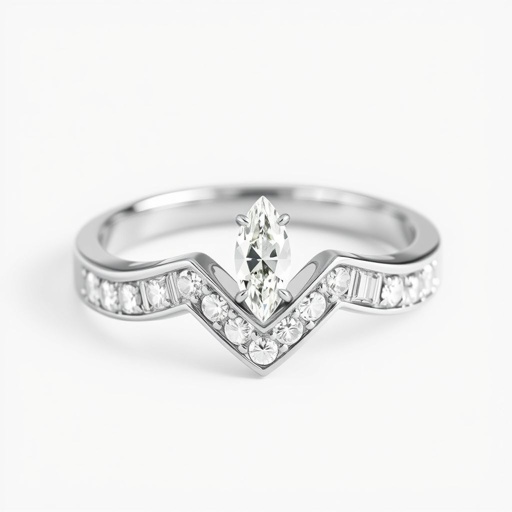 Make a 14K white gold wedding band with (left to right) 0.0025 carat round diamond, 0.005 carat round diamond, 0.0025 stacked on 0.005 carat round diamond, 0.05 carat baguette, 0.025 marquise, 0.05 baguette, 0.0025 carat round stacked on 0.005 carat round, 0.005 carat round, 0.0025 carat round. V shaped contour band with marquise at the focal point
