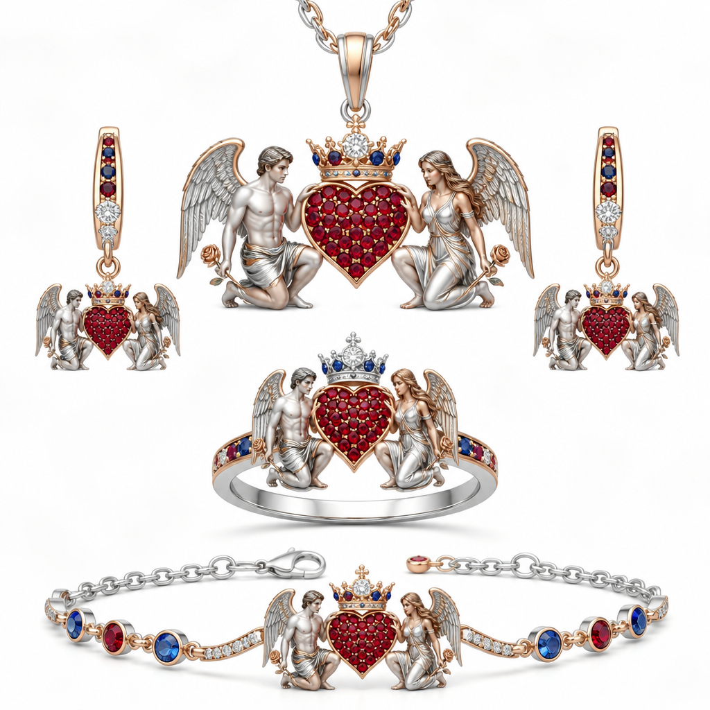 A minimalist women's ring made of mixed metal with diamond and ruby and sapphire stones suitable for wedding. An extraordinary excellent beautiful delicate and elegant set of jewelry with one ring, two ear rings, one pendant and one bracelet, with a heart in the middle which will be full of rubies, an extraordinary beautiful delicate and elegant female Angel with long hair at the right side of the heart and an extraordinary fit beautiful delicate and elegant male Angel at the left side of the heart, both Angels are to hold a heart with their right hand and a rose with their left hand, over the central heart is to be placed a beautiful, delicate elegant and extraordinary excellent crown with a diamond at the middle of the crown and around the crown to be placed rubies and sapphires the crown to be placed on the heart.