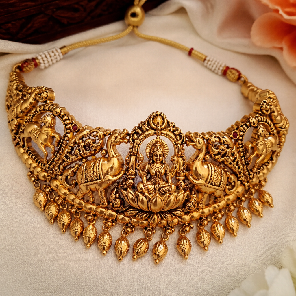 A classic women's necklace made of gold suitable for wedding. choker with lakshmi in the centre sitting on a lotus with elephants and horses on both sides and mango beads
photorealistic jewelry design, A classic women's necklace made of gold suitable for wedding. choker with lakshmi in the centre sitting on a lotus with elephants and horses on both sides and mango beads, classic style, just the design no text