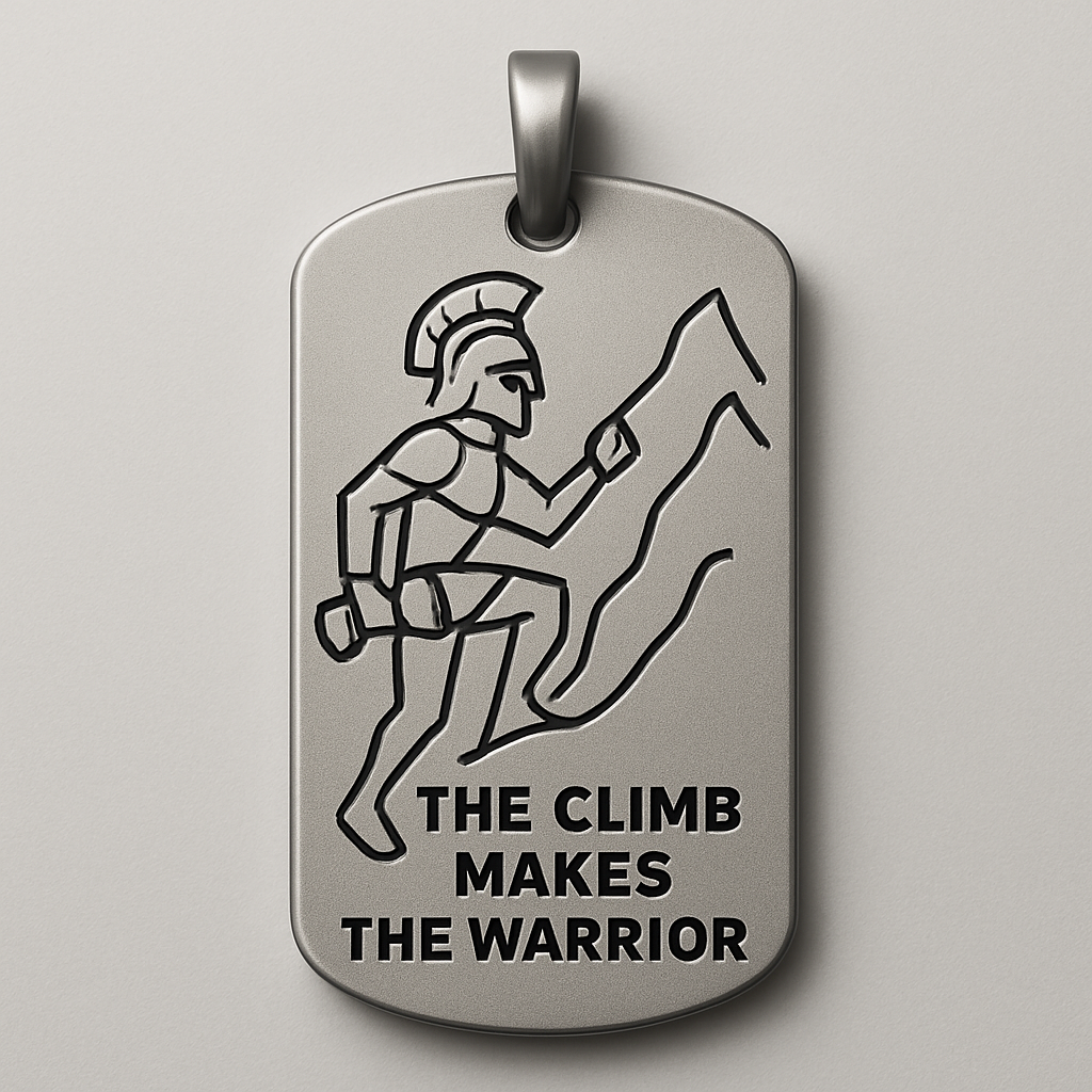 Create a detailed pendant design representing the theme “The Climb makes the Warrior.”
Depict a stylized warrior in minimalist geometric line art, wearing a classic helmet and climbing along a wavy mountain line with visible peaks and valleys.
The warrior holds one dumbbell in the left hand, symbolizing controlled strength and physical discipline.
The composition should feel balanced — the warrior and the mountain line are of equal visual weight, suggesting harmony between inner growth and external effort.

Style & aesthetic:

Modern minimalist, high-contrast line engraving suitable for metal.

No facial details; the warrior is an archetype, not a person.

Strong, clean lines; slightly angular but refined edges.

Include subtle engraved text: “The Climb makes the Warrior.”

Placement of text: below or along the mountain contour.

Form & material:

Pendant shape: vertical rectangle or elongated oval (2–3 cm height).

Materials: matte titanium, brushed steel, or dark zirkonium.

Smooth contours, suitable for daily wear and sports.

Optionally add a small loop at the top for chain attachment.

Lighting / render style:

Studio lighting, neutral gray background.

Emphasize texture of the metal and engraving depth.

Mood & symbolism:
Strength through persistence, balance between movement and focus, a timeless emblem of discipline and inner power.