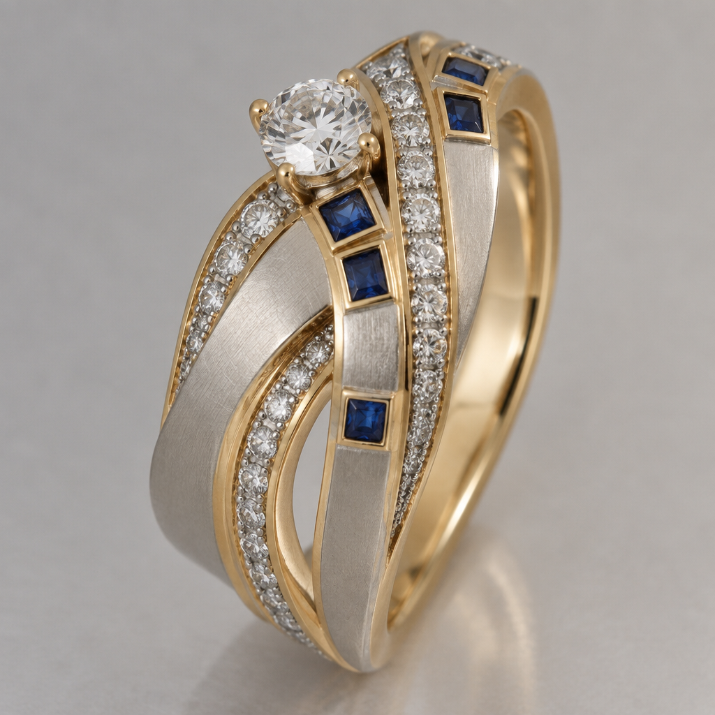 A bespoke/custom women's ring made of mixed metal with diamond and sapphire stones. design ring using 33 .10 carat diamonds, 7 .10 carat square sapphires, and one .50 carat round diamond. metals should be white and yellow gold with a matte finish. do not cluster gems.
photorealistic jewelry design, A bespoke/custom women's ring made of mixed metal with diamond and sapphire stones. design ring using 33 .10 carat diamonds, 7 .10 carat square sapphires, and one .50 carat round diamond. metals should be white and yellow gold with a matte finish. do not cluster gems., bespoke_custom style, just the design no text