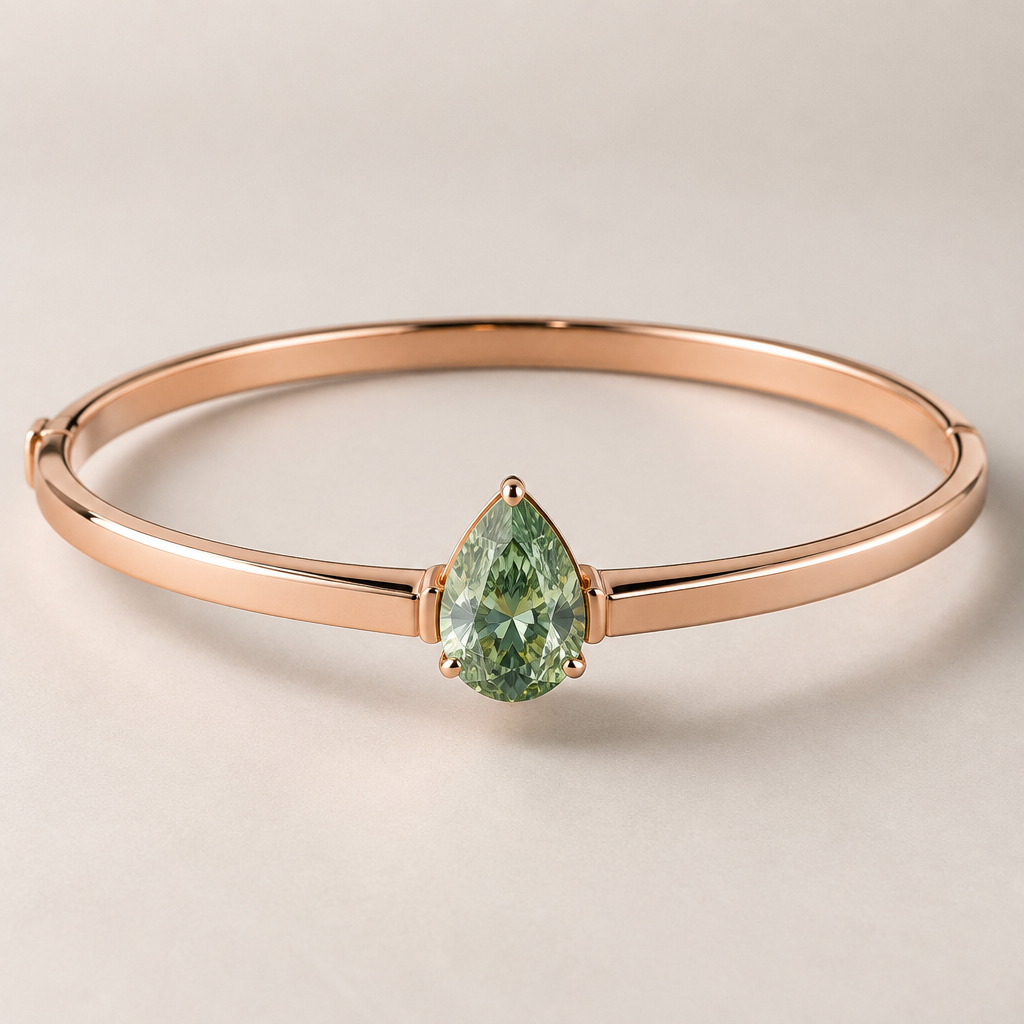 Rose gold hard bracelet with 2 ct green pear diamond on the middle
photorealistic jewelry design, Rose gold hard bracelet with 2 ct green pear diamond on the middle , minimalist style, just the design no text