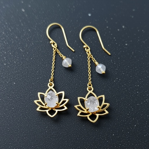Серьги золото изящный маленький плоский лотос с необработанным маленьким хрусталем в центре, от лотоса идет золотая цепочка вниз с еще одним маленьким камушком хрусталя