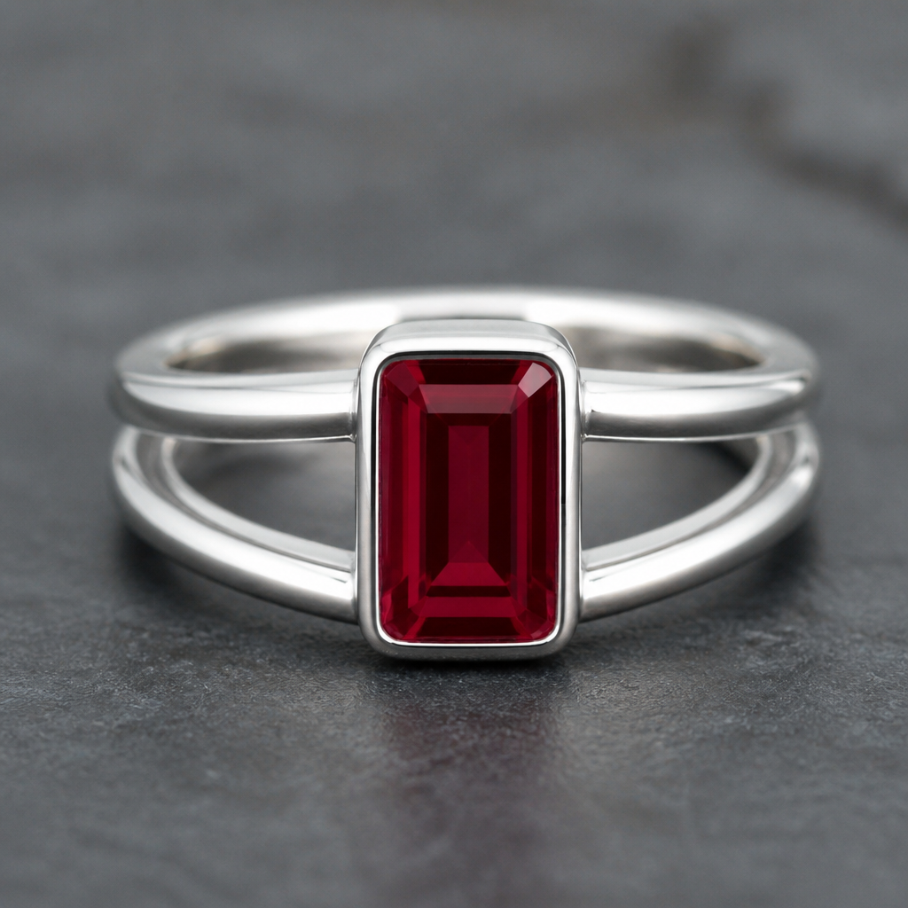 A women's ring made of silver with ruby stones suitable for daily wear. put bezel set rectangle step cut ruby in double half round split shank
photorealistic jewelry design, A women's ring made of silver with ruby stones suitable for daily wear. put bezel set rectangle step cut ruby in double half round split shank, modern style, just the design no text
