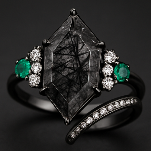 Kite cut Black rutilated quartz with 1 emerald on each side and 3 moissanite on each side accent stones in a cluster on a black band, second band black with moissanite stones that curves around the main stone 