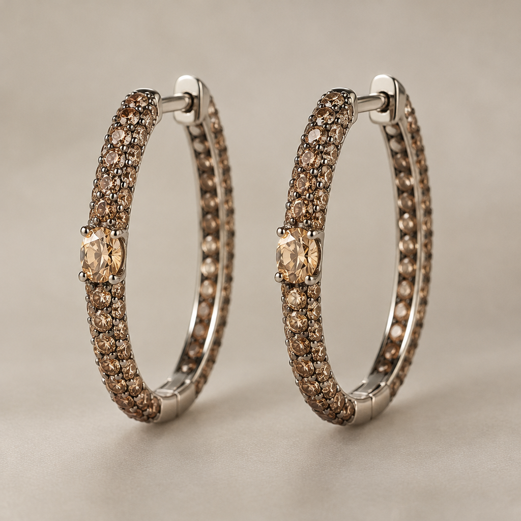 Oval hoop earrings in white gold, brown diamonds 2 mm in pave setting, center stone in each earring- champagne diamond 3.2 mm
photorealistic jewelry design, Oval hoop earrings in white gold, brown diamonds 2 mm in pave setting, center stone in each earring- champagne diamond 3.2 mm, just the design no text