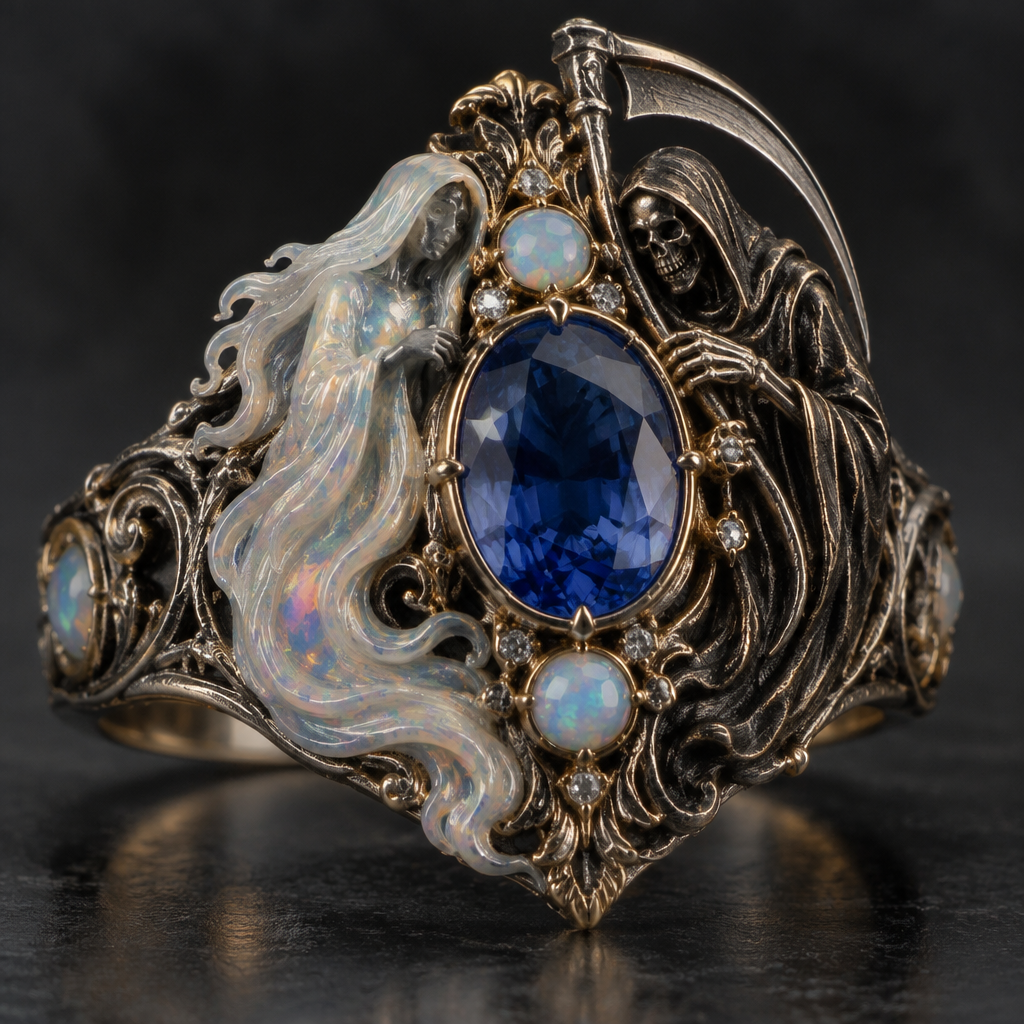 A victorian women's ring made of mixed metal with sapphire and opal stones suitable for formal. a ghost and a reaper
photorealistic jewelry design, A victorian women's ring made of mixed metal with sapphire and opal stones suitable for formal. a ghost and a reaper, victorian style, just the design no text