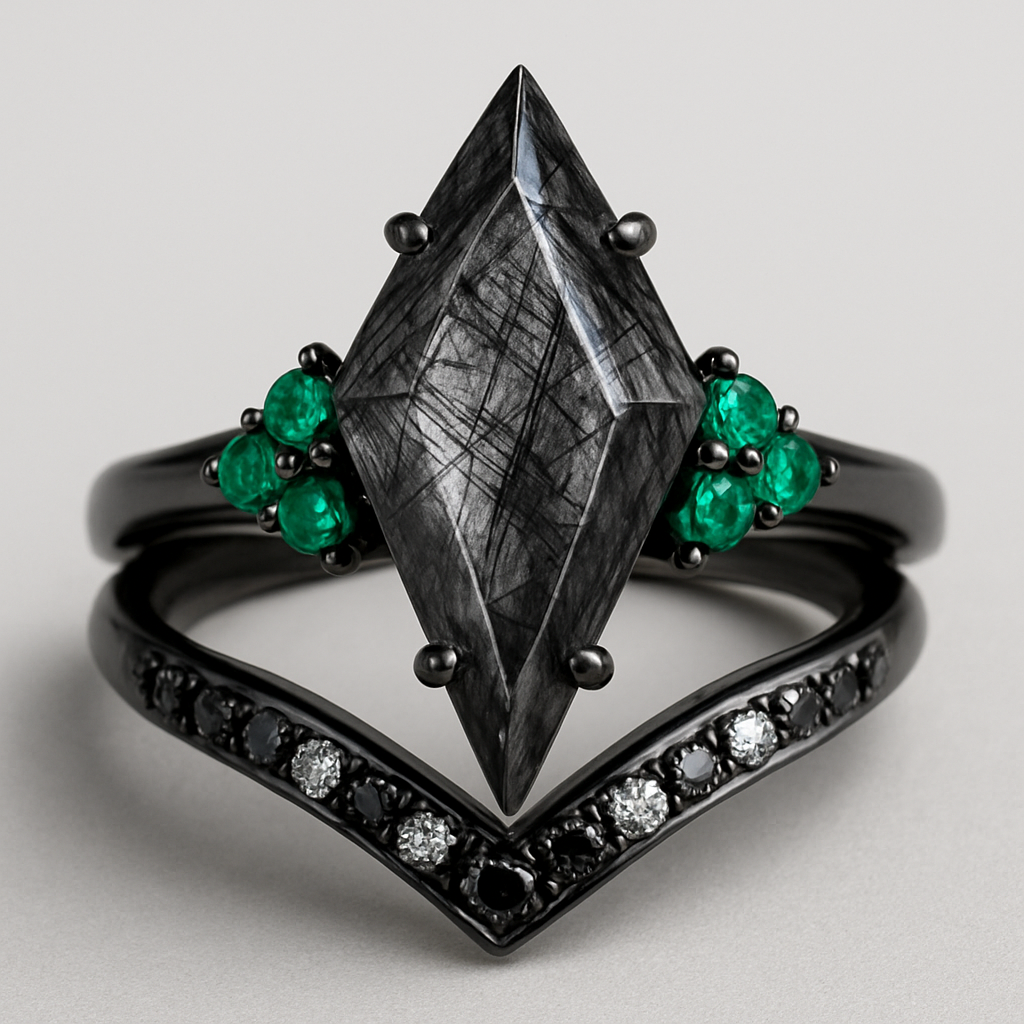Black band, long kite cut upside down rutilated black quartz, emerald accent stones 3 on each side in a cluster, add a wedding band that curves around main stone with black and white stones