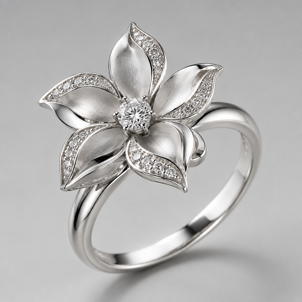 A women's ring made of silver. make a ring with a flower center
photorealistic jewelry design, A women's ring made of silver. make a ring with a flower center, modern style, just the design no text