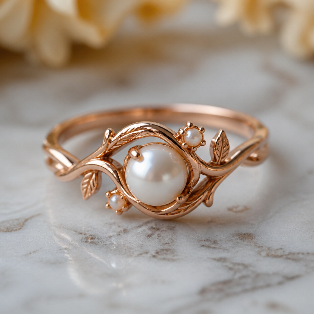 A romantic women's ring made of copper with pearl stones
photorealistic jewelry design, A romantic women's ring made of copper with pearl stones, romantic style, just the design no text