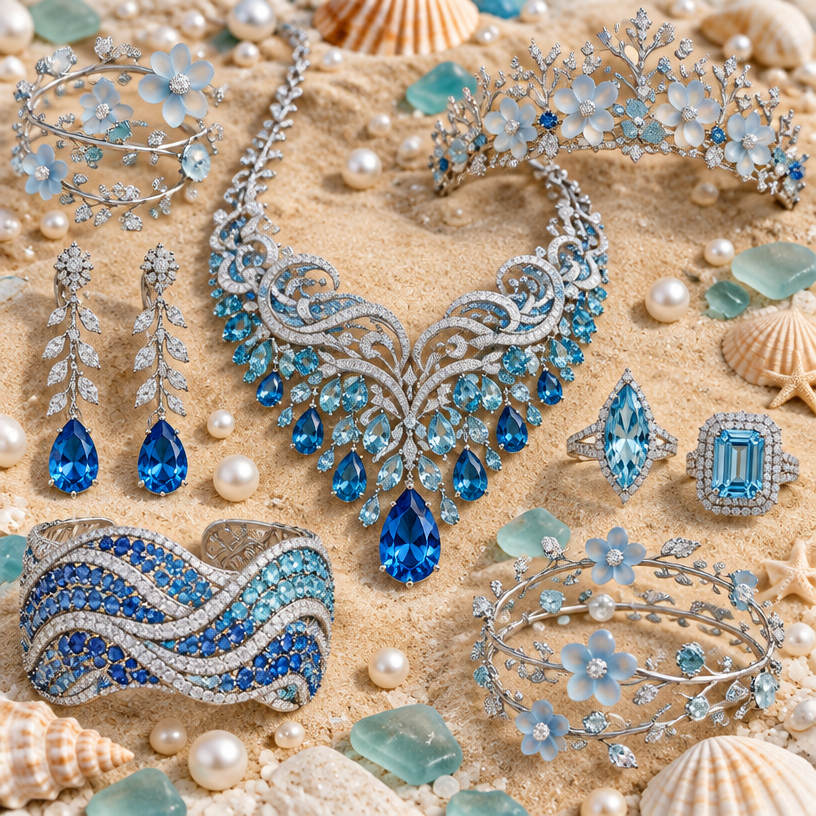 A women's necklace, highly ornate, intricate and elaborate, richly detailed. OCEAN Theme and Aesthetics
The collection is designed with an oceanic and coastal theme, showcasing a gradient of blue gemstones that mimic the colors of the sea—ranging from pale aquamarine to deep ocean blue. The pieces are arranged on a sandy beach background scattered with white pearls, iridescent sea glass, and delicate seashells. The metalwork is entirely crafted in a brilliant platinum or white gold finish encrusted with pavé diamonds to resemble glistening sea foam.
💎 Detailed Breakdown of Jewelry Pieces
1. Statement Wave Necklace
• Design: An intricate, wave-inspired collar necklace featuring swirling filigree patterns that mimic rolling ocean currents.
• Gemstones: It is adorned with a cascading gradient of teardrop-shaped (pear-cut) blue topaz and aquamarine stones.
• Centerpiece: A large, prominent, vivid blue pear-cut gemstone hangs as the main focal drop.
2. Coral and Floral Tiara
• Design: Positioned at the top right, this headpiece mimics the delicate branching structures of sea coral.
• Gemstones: It is accented with frosted, semi-translucent soft blue and white chalcedony flowers, interspersed with small sparkling accent diamonds.
3. Ocean Wave Cuff Bracelet
• Design: A wide, elaborate bracelet located on the bottom left, featuring interlocking, fluid S-curves that represent overlapping waves.
• Gemstones: Densely packed with an ombré mix of deep sapphire-blue, swiss blue topaz, and light aquamarine round-cut stones mixed with pavé diamond borders.
4. Leaf and Vine Drop Earrings
• Design: A matching pair of long, dangling earrings featuring a vine-like or seaweed structure.
• Gemstones: Small marquee-cut diamonds form the delicate leaves, leading down to two matching, intense cerulean-blue teardrop gemstone drops.
5. Statement Rings (Two Pieces)
• Marquise Ring: A sharp, elongated marquise-cut aquamarine ring with a pavé diamond band, resembling a shimmering droplet of water.
• Emerald-Cut Ring: A classic, rectangular emerald-cut aquamarine ring surrounded by a double halo of brilliant-cut diamonds.
6. Delicate Vine Hand Chains / Wrap Bracelets (Two Pieces)
• Design: Positioned at the top left and bottom right, these are whimsical, flexible wraps designed to coil gently around the wrist or hand.
• Gemstones: They feature silver tendrils decorated with small round diamonds and five-petal blossoms made of translucent, pastel-blue sea glass material.
The set pieces
using the attached image as a visual reference, create A women's necklace, highly ornate, intricate and elaborate, richly detailed. OCEAN Theme and Aesthetics
The collection is designed with an oceanic and coastal theme, showcasing a gradient of blue gemstones that mimic the colors of the sea—ranging from pale aquamarine to deep ocean blue. The pieces are arranged on a sandy beach background scattered with white pearls, iridescent sea glass, and delicate seashells. The metalwork is entirely crafted in a brilliant platinum or white gold finish encrusted with pavé diamonds to resemble glistening sea foam.
💎 Detailed Breakdown of Jewelry Pieces
1. Statement Wave Necklace
• Design: An intricate, wave-inspired collar necklace featuring swirling filigree patterns that mimic rolling ocean currents.
• Gemstones: It is adorned with a cascading gradient of teardrop-shaped (pear-cut) blue topaz and aquamarine stones.
• Centerpiece: A large, prominent, vivid blue pear-cut gemstone hangs as the main focal drop.
2. Coral and Floral Tiara
• Design: Positioned at the top right, this headpiece mimics the delicate branching structures of sea coral.
• Gemstones: It is accented with frosted, semi-translucent soft blue and white chalcedony flowers, interspersed with small sparkling accent diamonds.
3. Ocean Wave Cuff Bracelet
• Design: A wide, elaborate bracelet located on the bottom left, featuring interlocking, fluid S-curves that represent overlapping waves.
• Gemstones: Densely packed with an ombré mix of deep sapphire-blue, swiss blue topaz, and light aquamarine round-cut stones mixed with pavé diamond borders.
4. Leaf and Vine Drop Earrings
• Design: A matching pair of long, dangling earrings featuring a vine-like or seaweed structure.
• Gemstones: Small marquee-cut diamonds form the delicate leaves, leading down to two matching, intense cerulean-blue teardrop gemstone drops.
5. Statement Rings (Two Pieces)
• Marquise Ring: A sharp, elongated marquise-cut aquamarine ring with a pavé diamond band, resembling a shimmering droplet of water.
• Emerald-Cut Ring: A classic, rectangular emerald-cut aquamarine ring surrounded by a double halo of brilliant-cut diamonds.
6. Delicate Vine Hand Chains / Wrap Bracelets (Two Pieces)
• Design: Positioned at the top left and bottom right, these are whimsical, flexible wraps designed to coil gently around the wrist or hand.
• Gemstones: They feature silver tendrils decorated with small round diamonds and five-petal blossoms made of translucent, pastel-blue sea glass material.
The set pieces. photorealistic, just the design no text