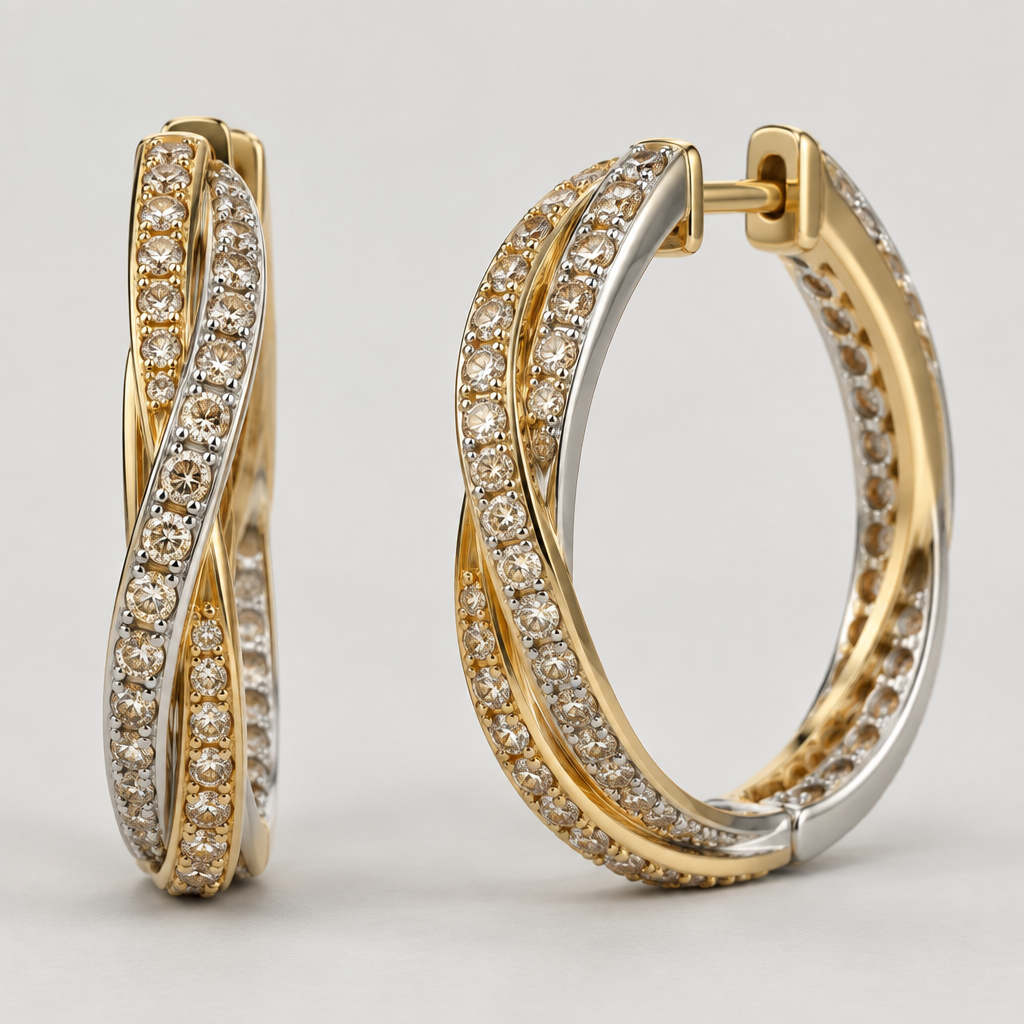 Hoop earrings with white and yellow gold and champagne diamonds 2 mm diamonds
photorealistic jewelry design, Hoop earrings with white and yellow gold and champagne diamonds 2 mm diamonds
, just the design no text
