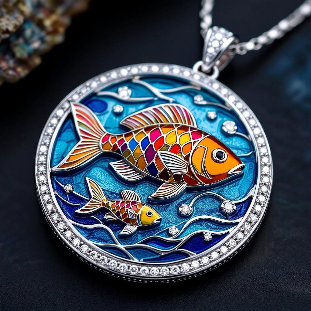 Geomatric structure of pendant Pendant of different colors Geomatric edge of diamonds shaded of fish element in water background and vibes